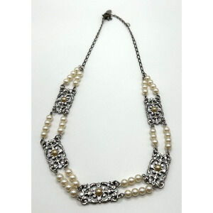 Vintage Anne Koplik Womens Art Deco Pearl Rhinestone Adjustable Necklace